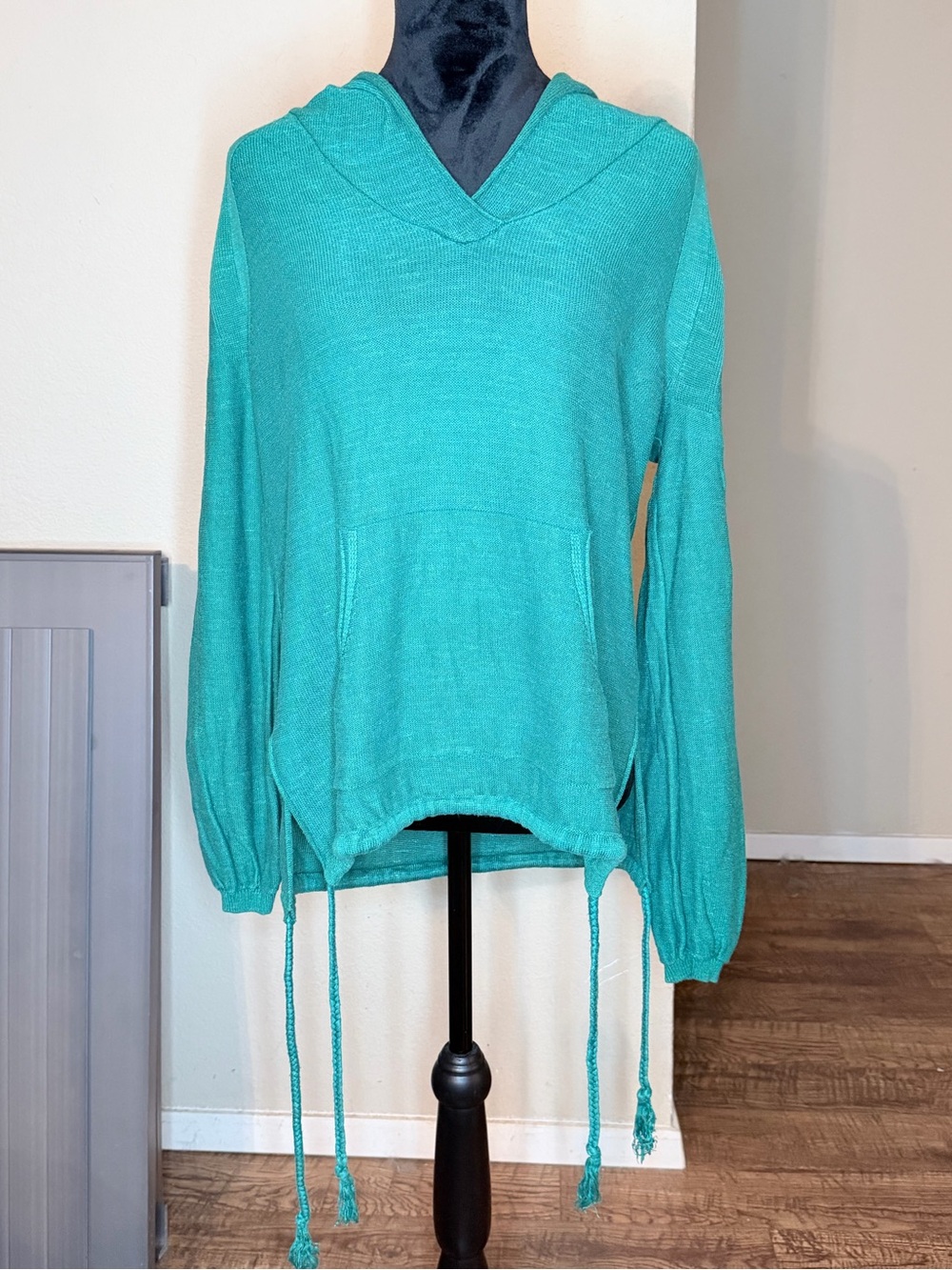 Free People Teal V-Neck Hooded Sweater